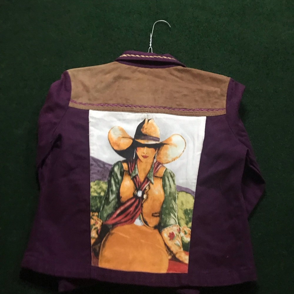 Doreman Burns Cowgirl Women’s Denim Jacket S Purple/Tan Great Graphic